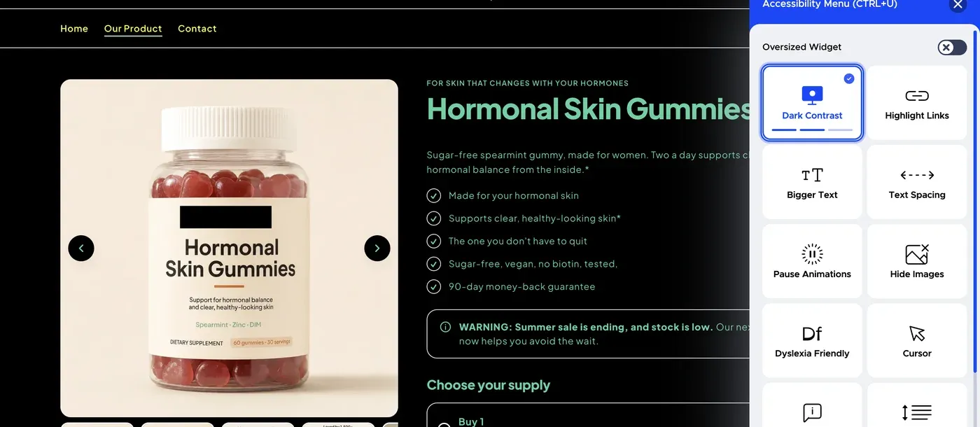 A product page with an accessibility overlay turned on, showing its dark contrast mode