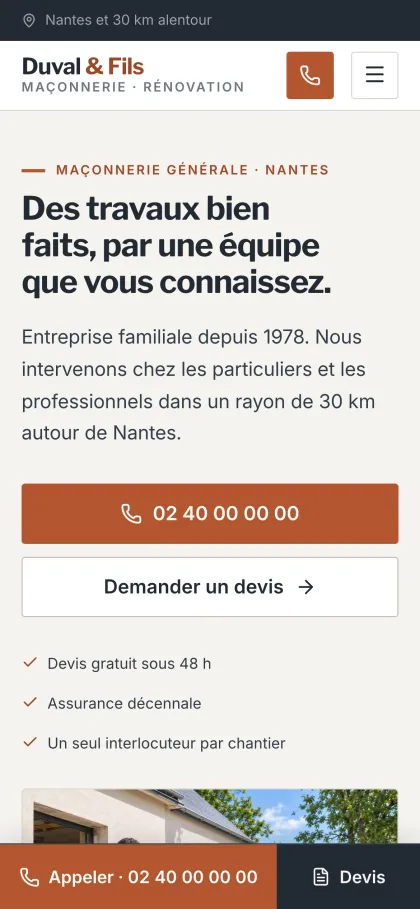 Page d’accueil du modèle artisan, sur téléphone
