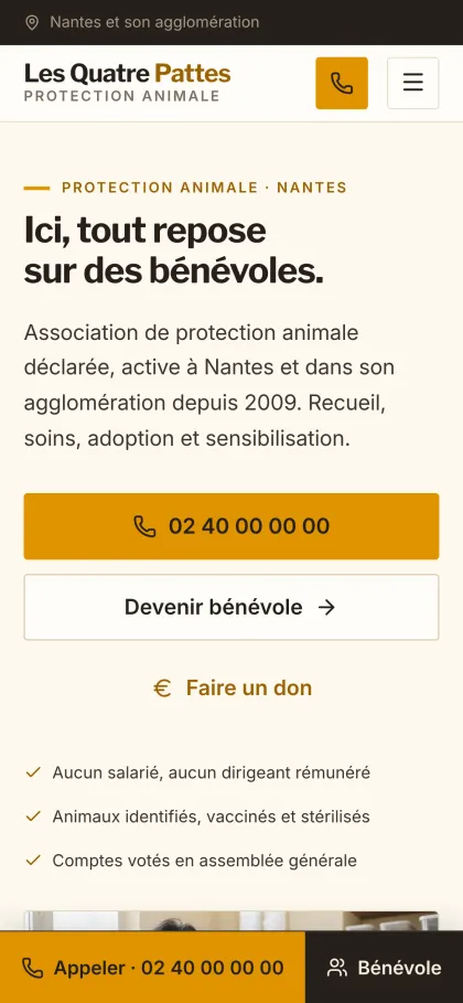 Page d’accueil du modèle associatif, sur téléphone