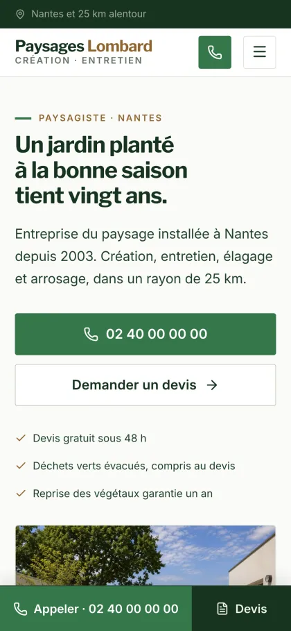 Page d’accueil du modèle paysagiste, sur téléphone