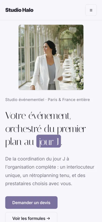 Page d’accueil du modèle événementiel, sur téléphone