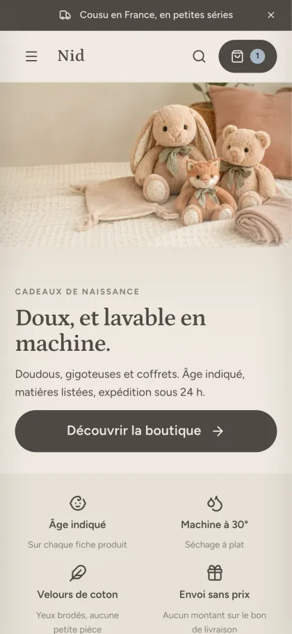 Page d’accueil du modèle bébé, sur téléphone