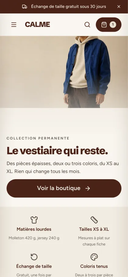 Page d’accueil du modèle mode, sur téléphone