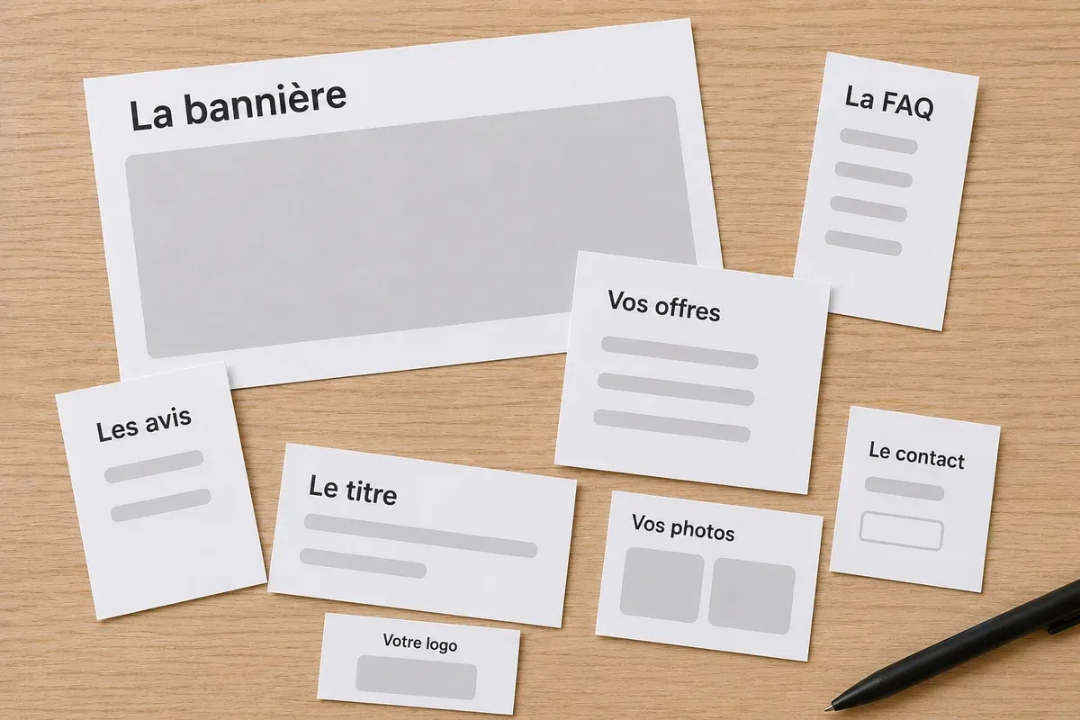 Les éléments d’une page d’accueil, posés comme des cartes sur une table, sans ordre imposé