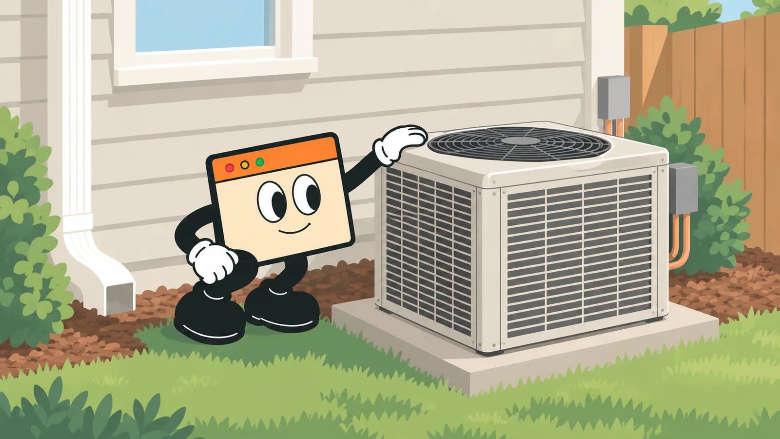 The mascot checking an outdoor air conditioning unit beside a house