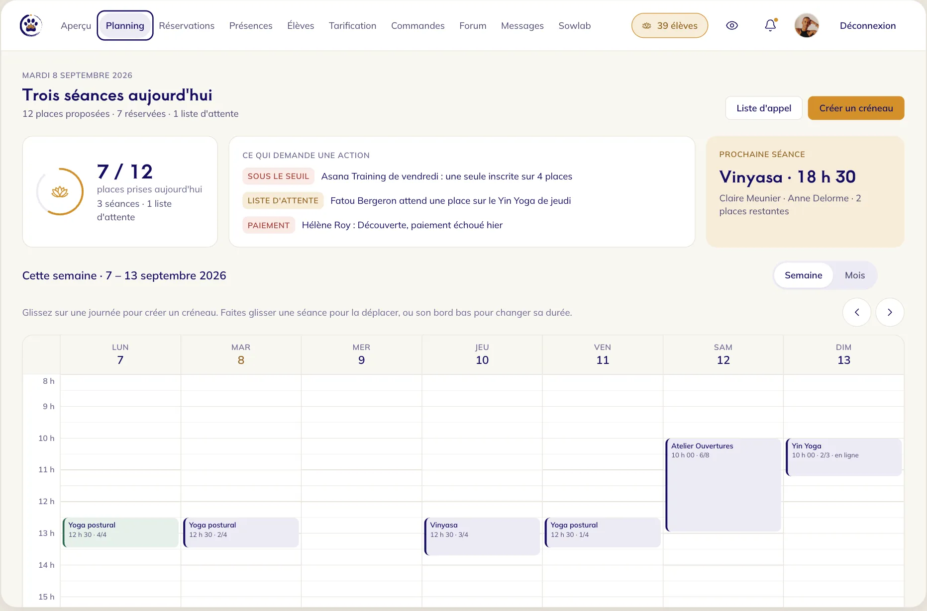 The studio schedule in the Inspiration Yoga web app