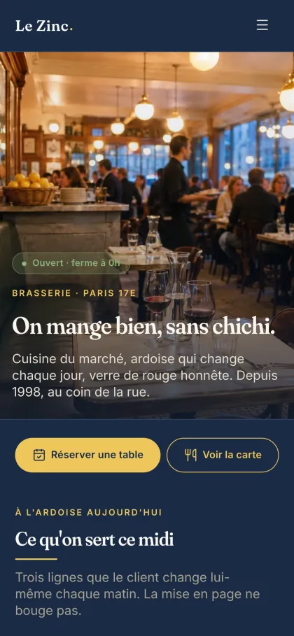 Page d’accueil du modèle brasserie, sur téléphone