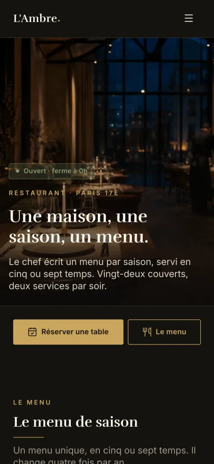 Page d’accueil du modèle gastronomique, sur téléphone
